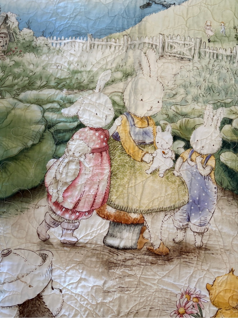 Pastel Bunny Family Quilted Throw Blanket — Cream, Green & Pink
